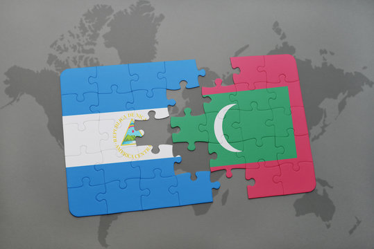 puzzle with the national flag of nicaragua and maldives on a world map