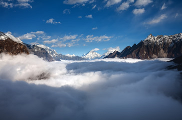 Fototapeta na wymiar Manaslu valley covered with clouds on Manaslu circuit trek in Nepal