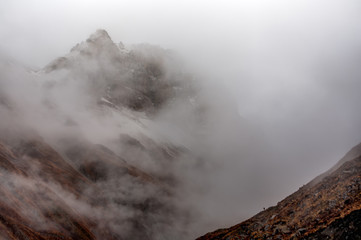 Cloud covered valley on Annapurna circuit trek