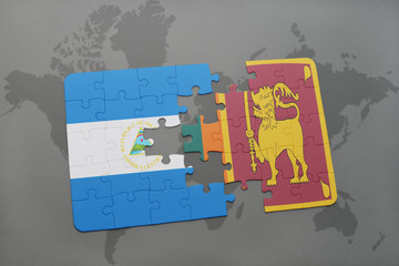 puzzle with the national flag of nicaragua and sri lanka on a world map