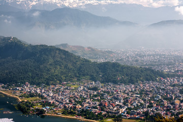 Fototapeta premium View to Pokhara city from World Peace Stupa near Phewa lake in Nepal
