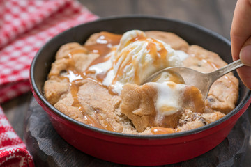 cookie ice cream homemade on hot pan.