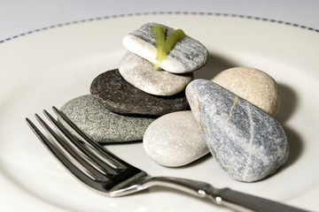 Plate with stones and a fork