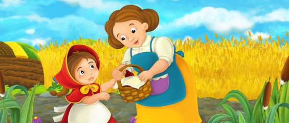 Obraz na płótnie Canvas cartoon happy farm scene with daughter and mother on the farm field