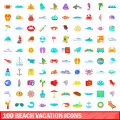 Fototapeta premium 100 beach vacation icons set, cartoon style