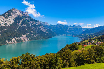 Naklejka na ściany i meble Panorama view Walensee lake and the Alps