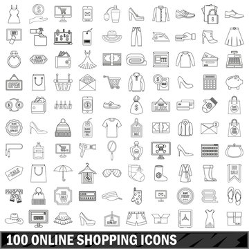 100 online shopping  icons set, outline style