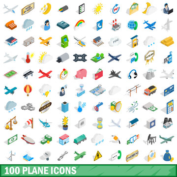 100 plane icons set, isometric 3d style