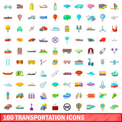 100 transportation icons set, cartoon style