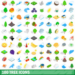 100 tree icons set, isometric 3d style