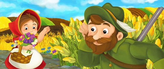 Obraz na płótnie Canvas cartoon happy farm scene with playful girl smiling hunter beautiful day