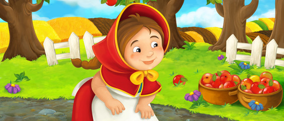 cartoon happy farm scene with young girl near the orchard beautiful day