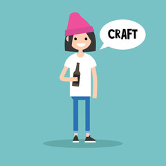 Young girl holding a bottle of craft beer / editable flat illustration, clip art