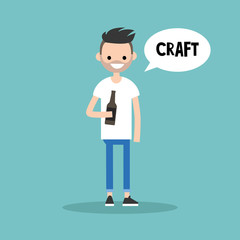 Young bearded man holding a bottle of craft beer / editable flat illustration, clip art
