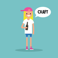 Young blond girl holding a bottle of craft beer / editable flat illustration, clip art