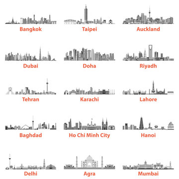 vector set of asian city skylines in grey scales color palette