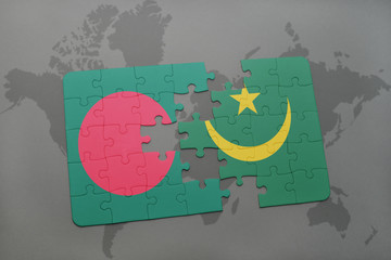 puzzle with the national flag of bangladesh and mauritania on a world map