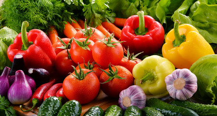 Composition with variety of fresh organic vegetables and fruits