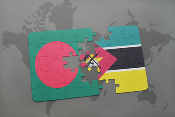 puzzle with the national flag of bangladesh and mozambique on a world map