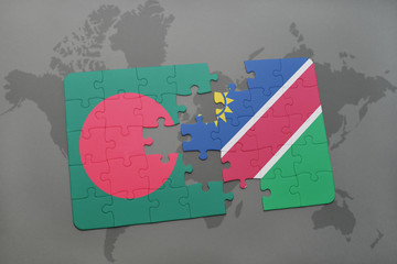 puzzle with the national flag of bangladesh and namibia on a world map