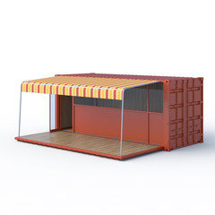 3D rendering of container transformable to mobile shop or cafe.
