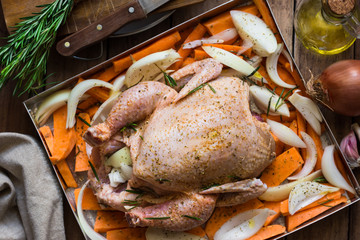 Whole chicken seasoned uncooked in baking tray with chopped vegetables carrots potatoes onions, rosemary, top view