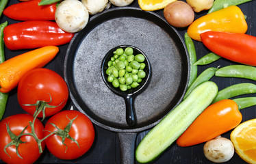 Vegetables with a cast iron skillet.