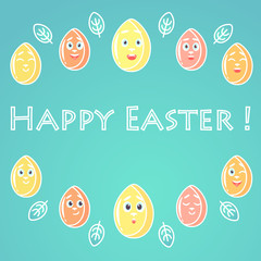 A greeting card for Easter, with emotional bright colored Easter eggs, white lines for decoration, with a font in the middle of the card. The restrained font.