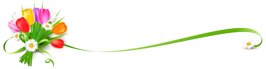 Bunter Blumenstrauß mit Tulpen, Margeriten und geschwungenem Schleifenband