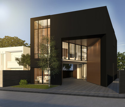 3d rendering minimal black cubic house in summer