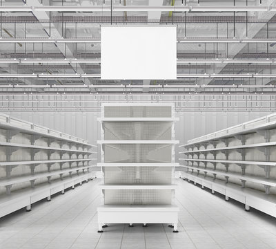 Store interior with empty supermarket shelves