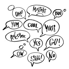 Handwritten exclamation and words inside hand drawn callout clouds. Lettering. Vector illustration with drawn words.