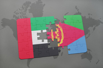 puzzle with the national flag of united arab emirates and eritrea on a world map