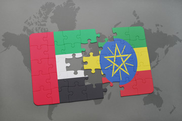puzzle with the national flag of united arab emirates and ethiopia on a world map