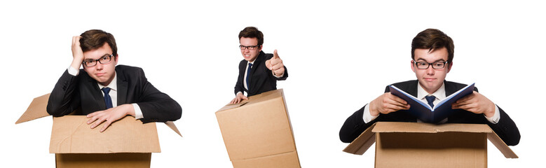 Funny man with boxes isolated on white