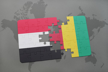 puzzle with the national flag of yemen and guinea on a world map