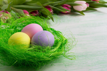 Fototapeta na wymiar Three Easter eaggs in green nest