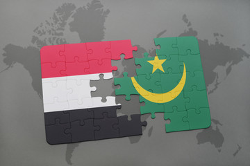 puzzle with the national flag of yemen and mauritania on a world map