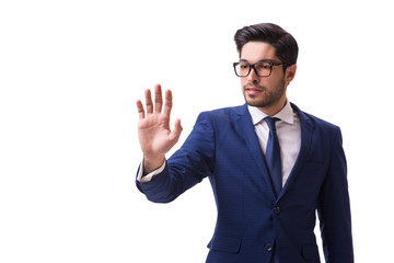 Young businessman pressing virtual buttons isolated on white