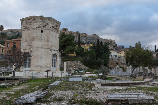 Sunset view of Roman Agora in Athens, Attica, Greece