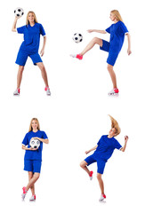 Woman playing football on white