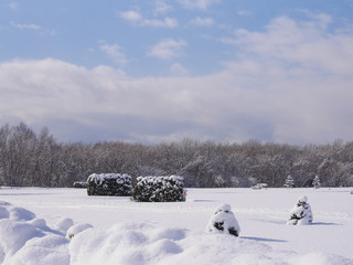 Beautiful snowy mountains and field in Hokkaido, Japan