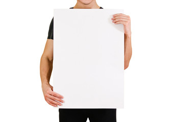 Man showing blank white big A2 paper. Leaflet presentation. Pamphlet hold hands. Man show clear...