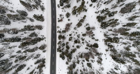 Top view of winter forest and asphalt road