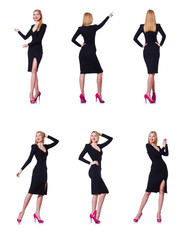 Fototapeta premium Young blonde girl in black dress showing isolated on white