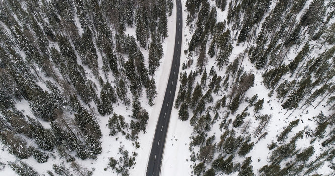 Top view of winter forest and asphalt winding road