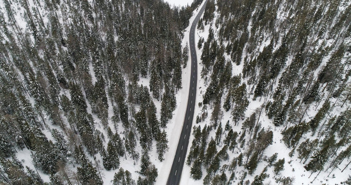Aerial view of winter forest and asphalt winding road