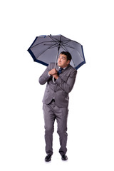 Businessman with umbrella isolated on white background