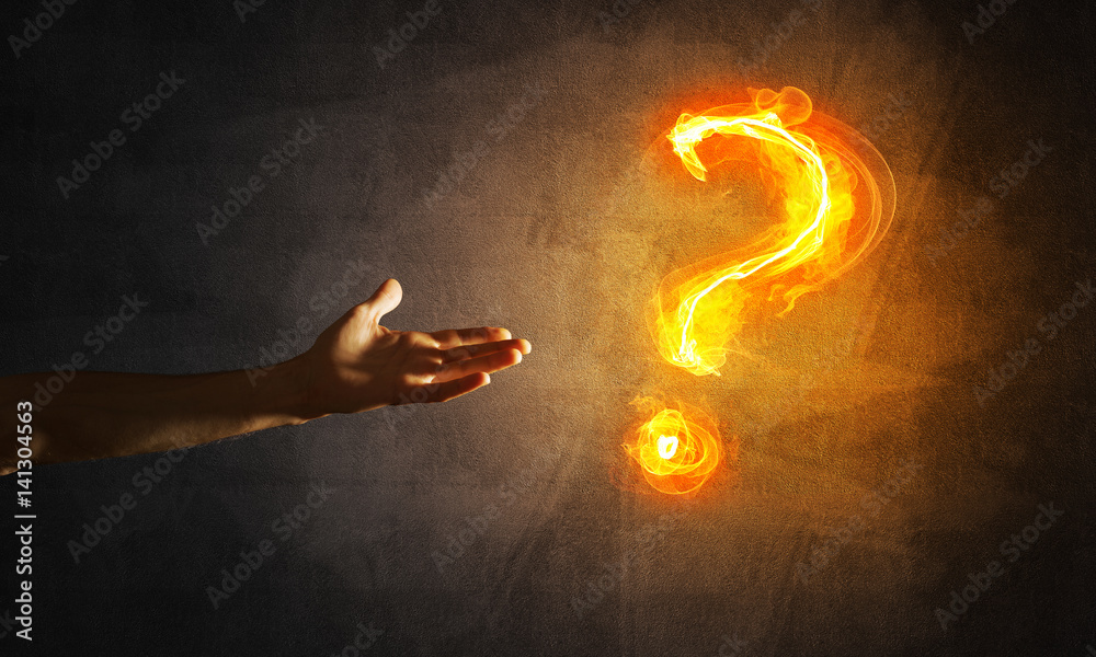 Fototapete concept of help or support with fire burning question mark and creation gesture