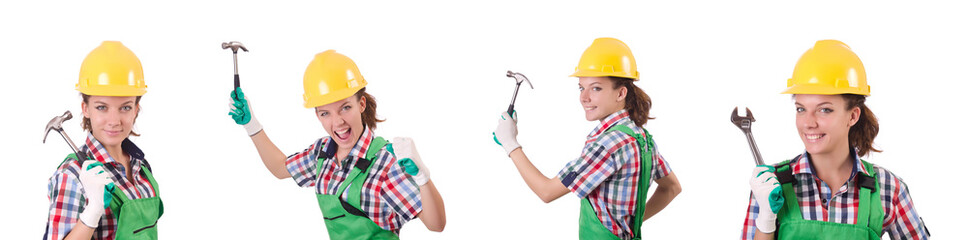 Female workman in green overalls isolated on white